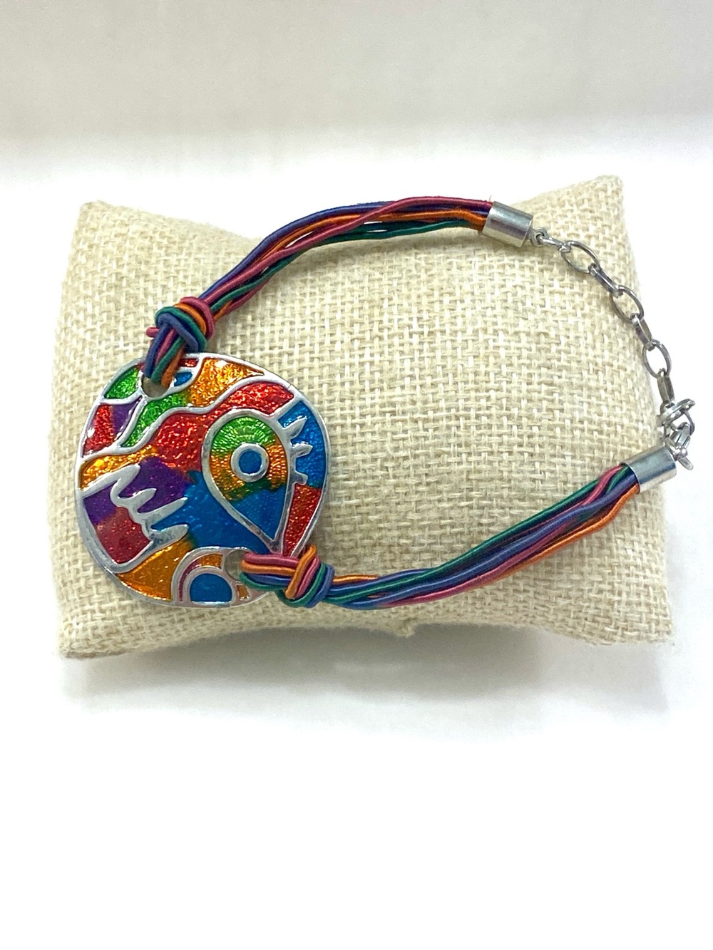 Vintage Colorful Glitter Enamel Round Bracelet Multi Strand Waxed Cord Rainbow